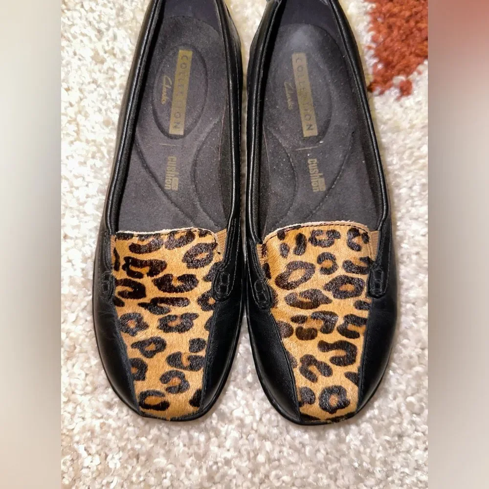 Clarks Collection Bayou Leather and Leopard Horse Hair Loafers- NWOT 5